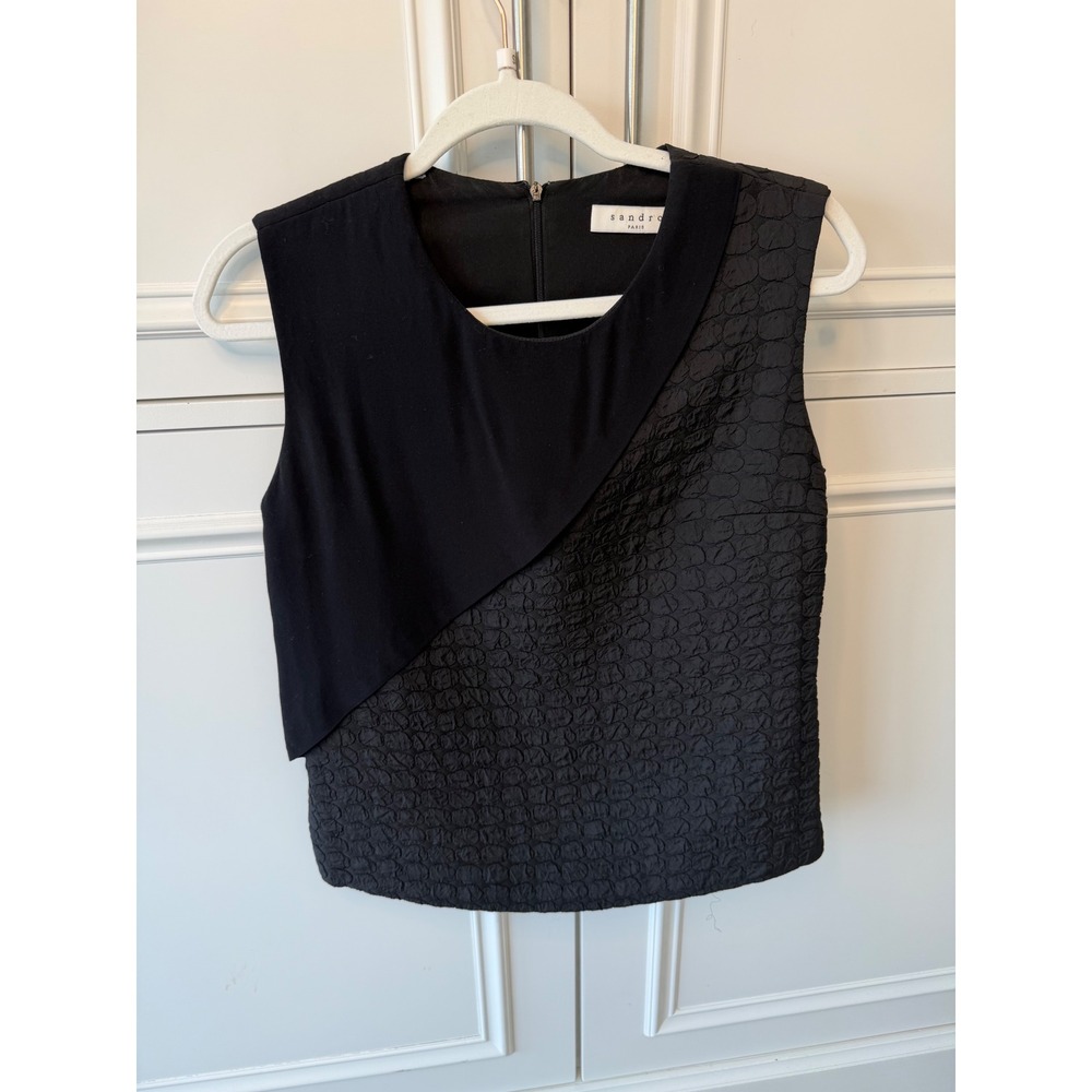 Sandro Sleeveless Top Womens 1 Black Excellent Textured Mixed Media Jacquard